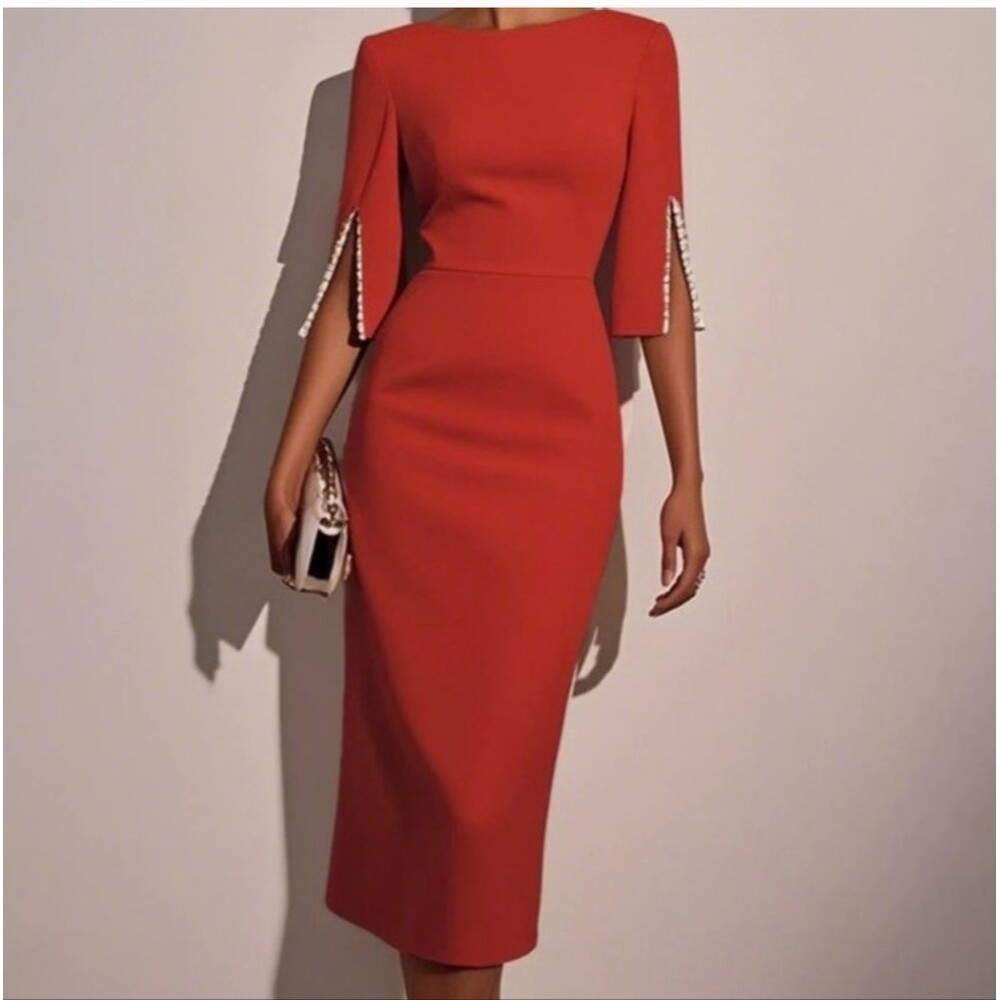 NWT Fehaute Elegant Red with Pearl Accents Cocktail Formal Dress